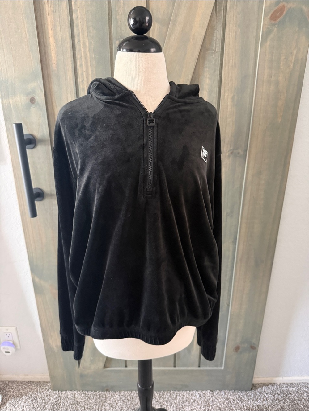 Fila Black Velour 1/2 Zip Hoodie with Subtle Logo XL